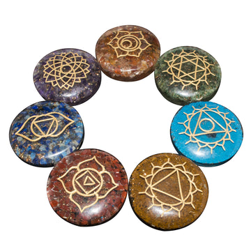 7 Chakras Orgone Chakra Set With Engraved Symbol Round