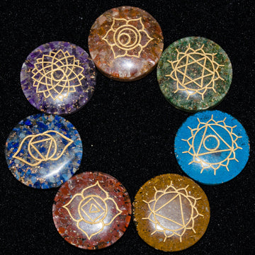 7 Chakras Orgone Chakra Set With Engraved Symbol Round