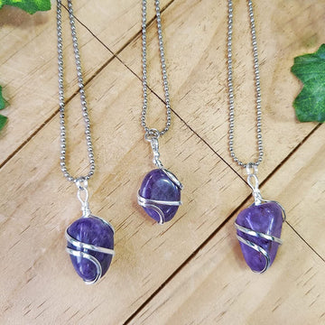 Amethyst Tumbled Stone Wrapped Crystal Pendant
